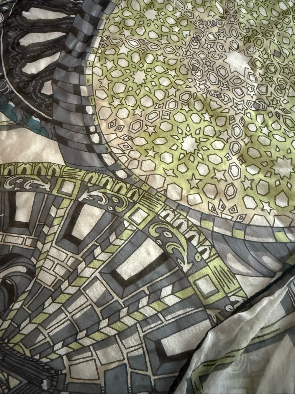 Circular Medallion in Pink, Green, Gray scarf- silk I think